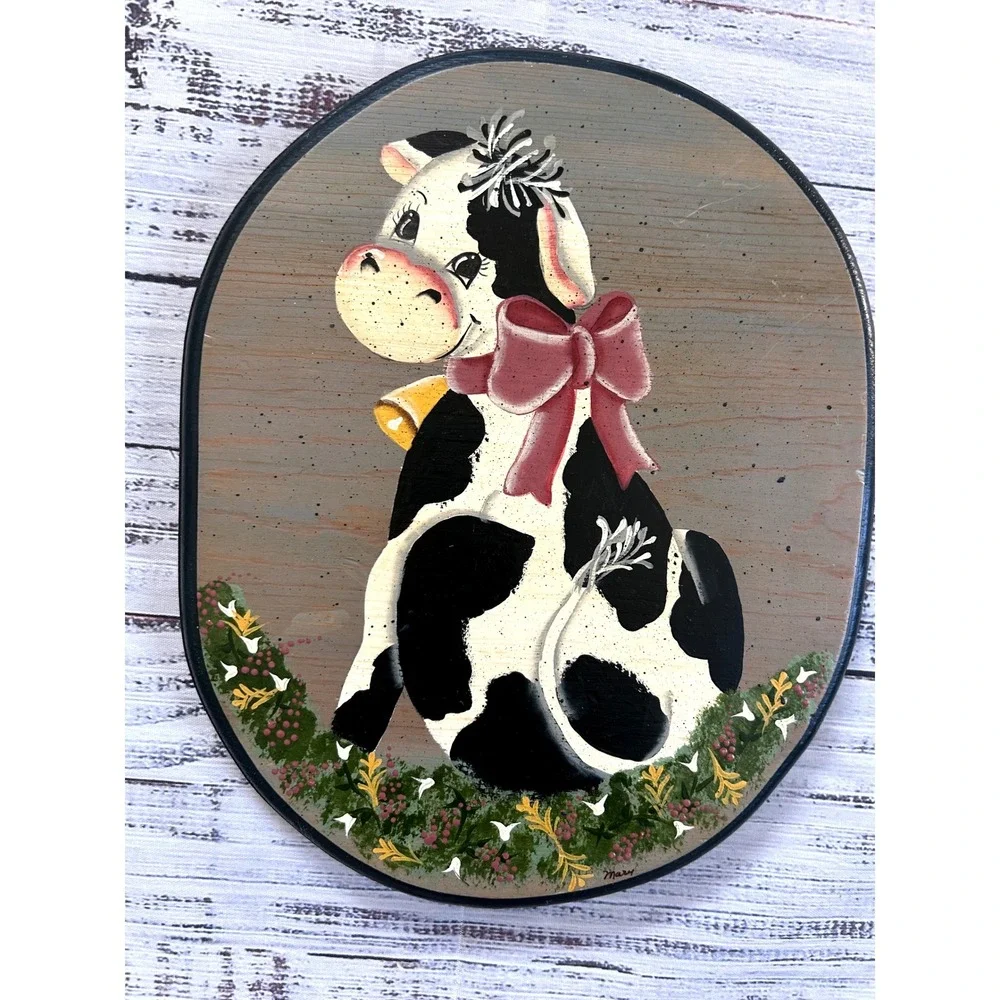 Hand Painted Cow Wall Plaque Wood Oval Red Bow Bell Farmhouse Decor